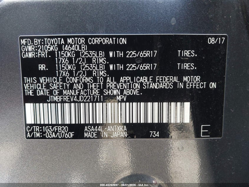 2018 Toyota Rav 4 VIN JTMBFREV4JD221711 IAAI salvage auction — FRONT END, Salvage Title, sold $6,450 on 2026-07-13 (photo 9)
