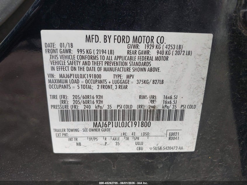 2018 Ford Ecosport VIN MAJ6P1UL0JC191800 IAAI salvage auction — FRONT END, Salvage Title, sold $700 on 2026-07-27 (photo 9)