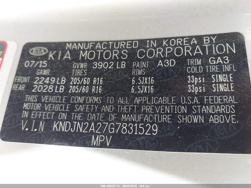 2016 Kia Soul VIN KNDJN2A27G7831529 IAAI salvage auction — FRONT END, Salvage Title, sold $425 on 2026-08-01 (photo 9)