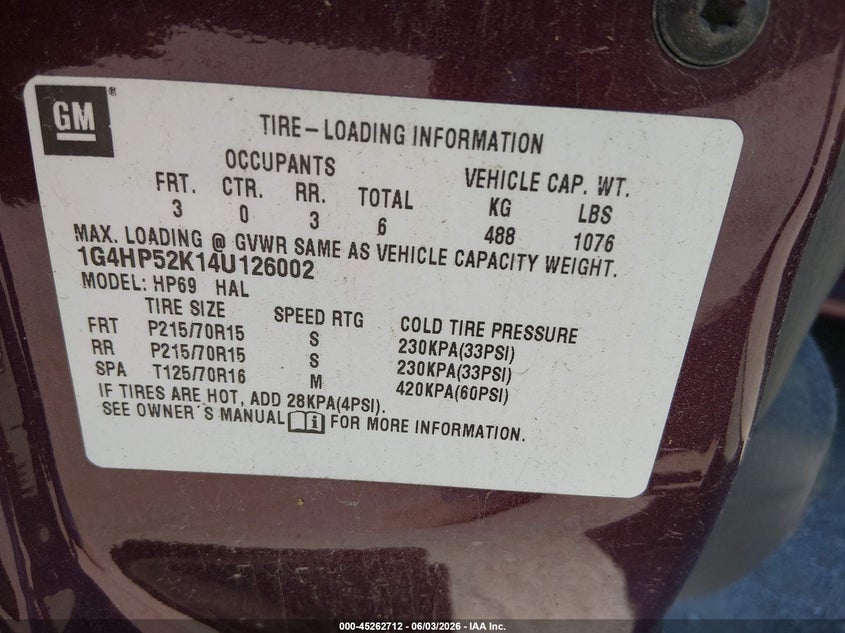 2004 Buick Lesabre VIN 1G4HP52K14U126002 IAAI salvage auction — NORMAL WEAR, Salvage (Nebraska), sold $850 on 2026-07-09 (photo 9)