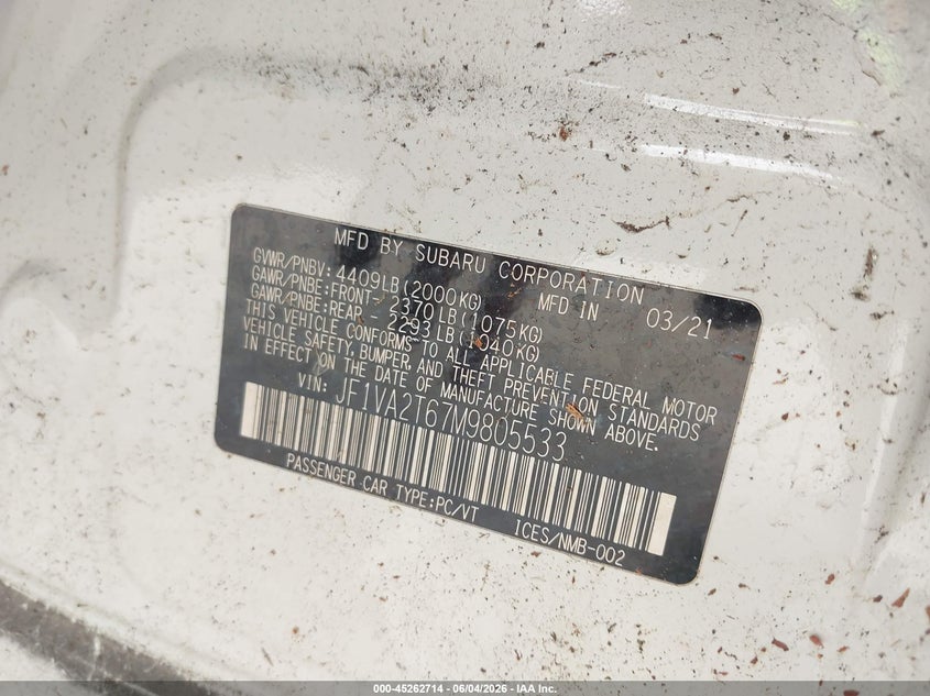 2021 Subaru Wrx sti VIN JF1VA2T67M9805533 IAAI salvage auction — BIO HAZARD, Salvage Title, sold $150 on 2026-07-21 (photo 9)