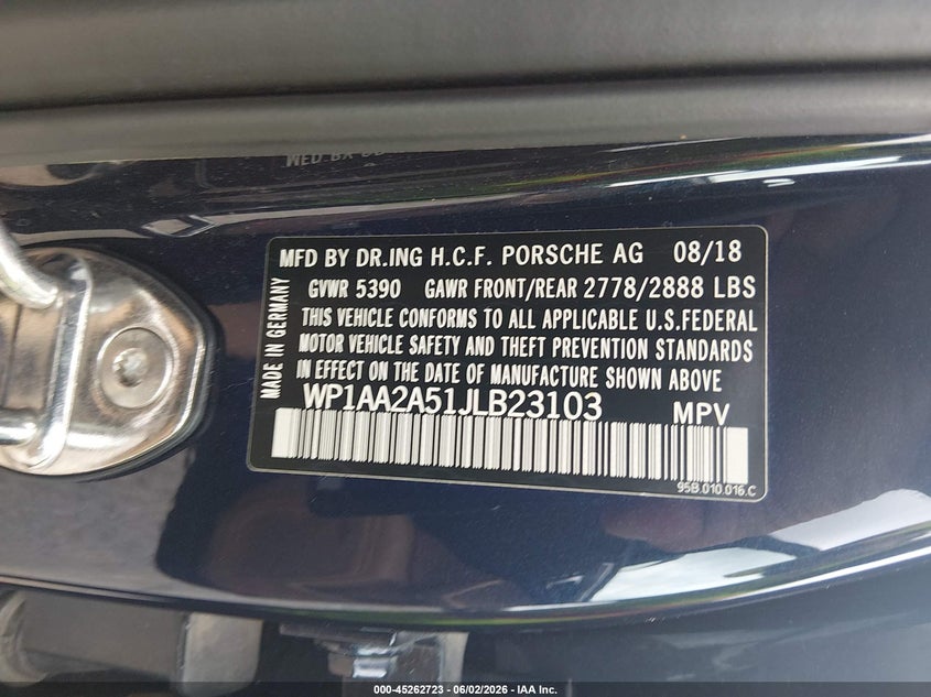 2018 Porsche Macan VIN WP1AA2A51JLB23103 IAAI salvage auction — WATER/FLOOD, Salvage (Louisiana), sold $6,800 on 2026-07-14 (photo 9)