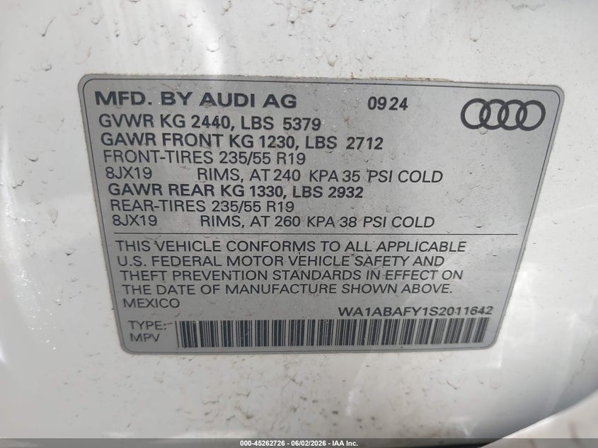 2025 Audi Q5 VIN WA1ABAFY1S2011642 IAAI salvage auction — FRONT END, Salvage Title, sold $12,100 on 2026-07-26 (photo 9)