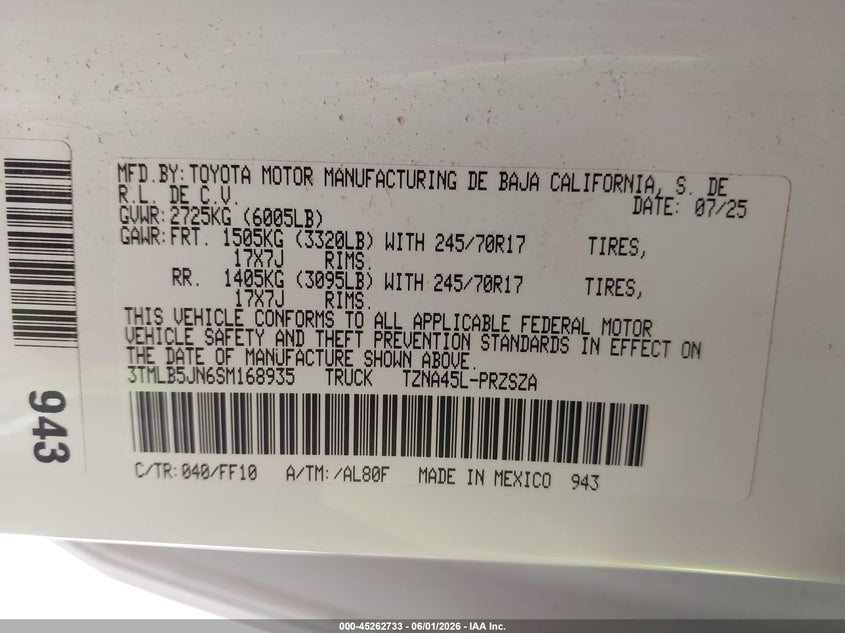 2025 Toyota Tacoma VIN 3TMLB5JN6SM168935 IAAI salvage auction — FRONT & REAR, Salvage Title, sold $15,000 on 2026-07-30 (photo 9)