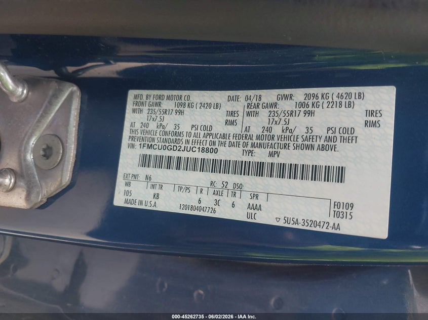 2018 Ford Escape VIN 1FMCU0GD2JUC18800 IAAI salvage auction — NORMAL WEAR, Original (Texas), sold $1,350 on 2026-07-24 (photo 9)