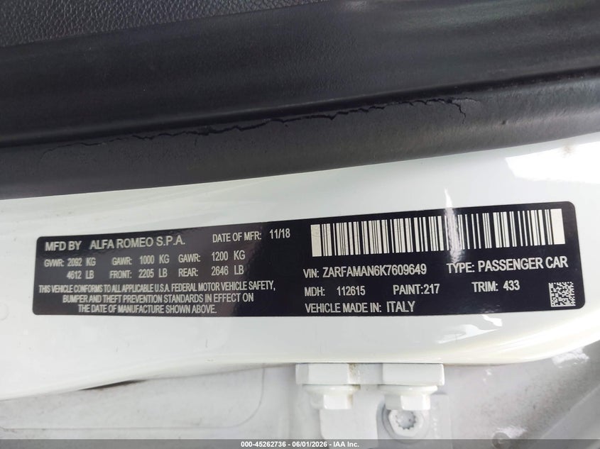 2019 Alfa romeo Giulia VIN ZARFAMAN6K7609649 IAAI salvage auction — FRONT END, Salvage (Georgia), sold $3,150 on 2026-08-11 (photo 9)