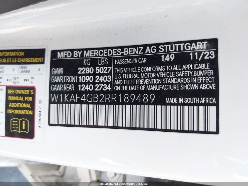 2024 Mercedes-benz C-klasse VIN W1KAF4GB2RR189489 IAAI salvage auction — REAR END, Salvage Certificate (California), sold $18,200 on 2026-07-29 (photo 9)