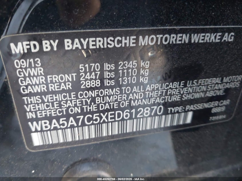 2014 BMW 5er VIN WBA5A7C5XED612870 IAAI salvage auction — MECHANICAL, Clear (Pennsylvania), sold $950 on 2026-07-08 (photo 9)