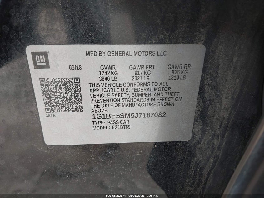 2018 Chevrolet Cruze VIN 1G1BE5SM5J7187082 IAAI salvage auction — FRONT END, Clear (Indiana), sold $475 on 2026-07-25 (photo 9)