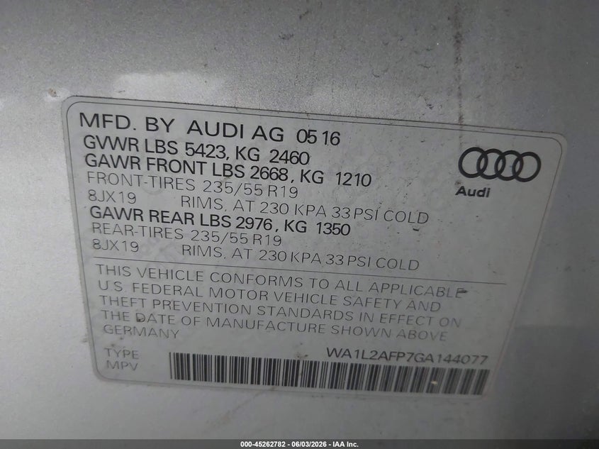 2016 Audi Q5 VIN WA1L2AFP7GA144077 IAAI salvage auction — LEFT FRONT, Salvage Title, sold $2,625 on 2026-07-09 (photo 9)