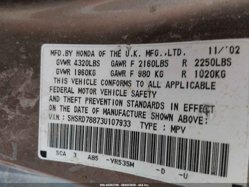 2003 Honda Cr-v VIN SHSRD78873U107933 IAAI salvage auction — ROLLOVER, Salvage (Kansas), sold $200 on 2026-07-17 (photo 9)