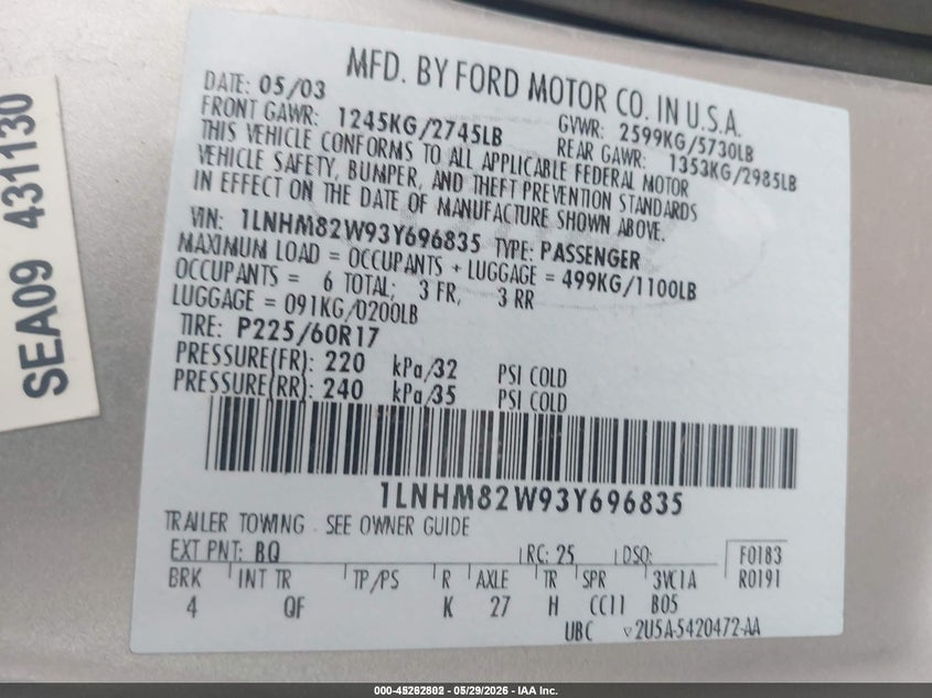 2003 Lincoln TOWN CAR VIN 1LNHM82W93Y696835 IAAI salvage auction — FRONT & REAR, Salvage (Idaho), sold $275 on 2026-07-09 (photo 9)