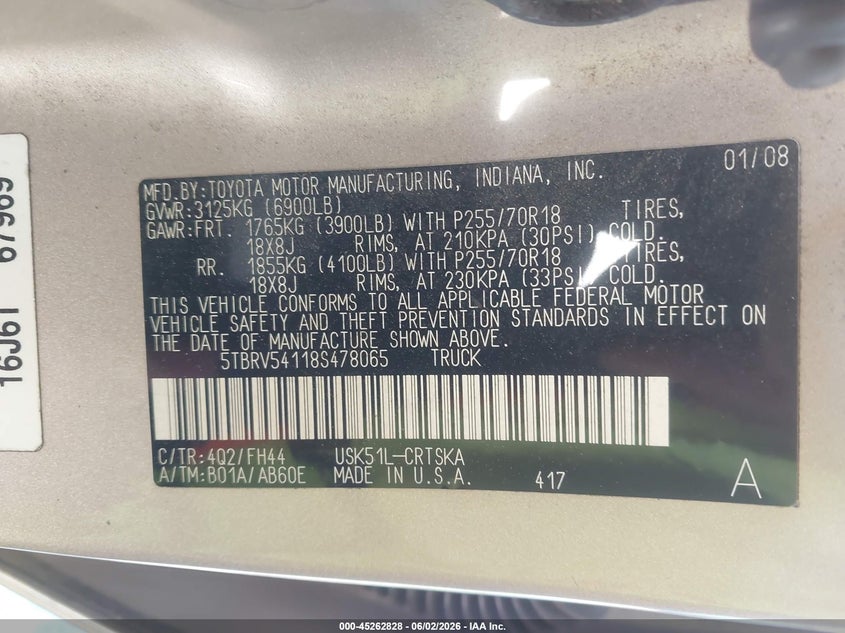 2008 Toyota Tundra VIN 5TBRV54118S478065 IAAI salvage auction — REAR END, Repossession Paperwork (Georgia), sold $3,750 on 2026-07-17 (photo 9)
