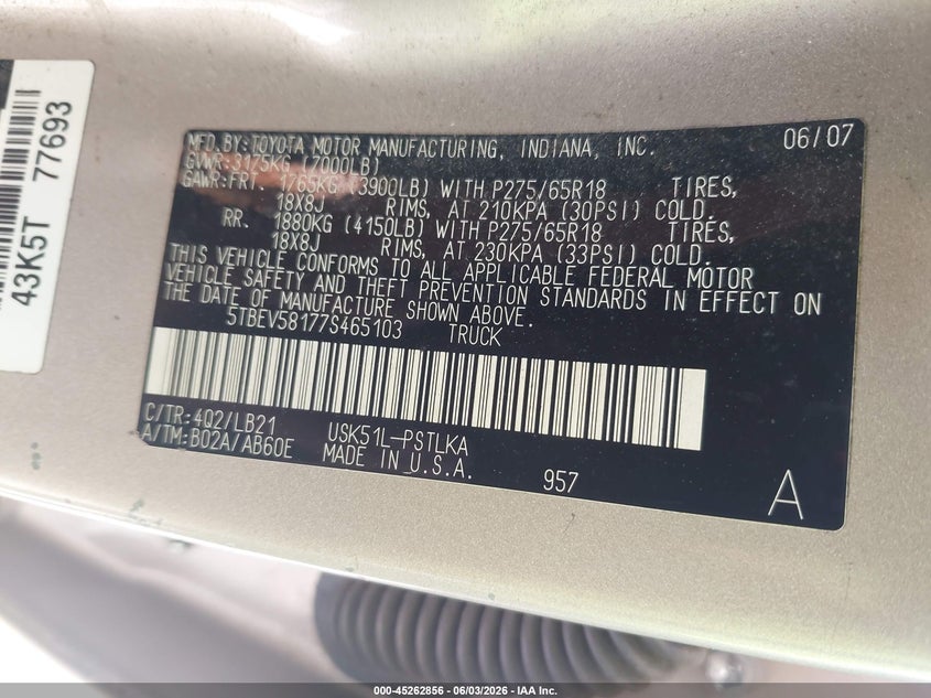 2007 Toyota Tundra VIN 5TBEV58177S465103 IAAI salvage auction — REAR END, Salvage (South Carolina), sold $3,100 on 2026-07-24 (photo 9)