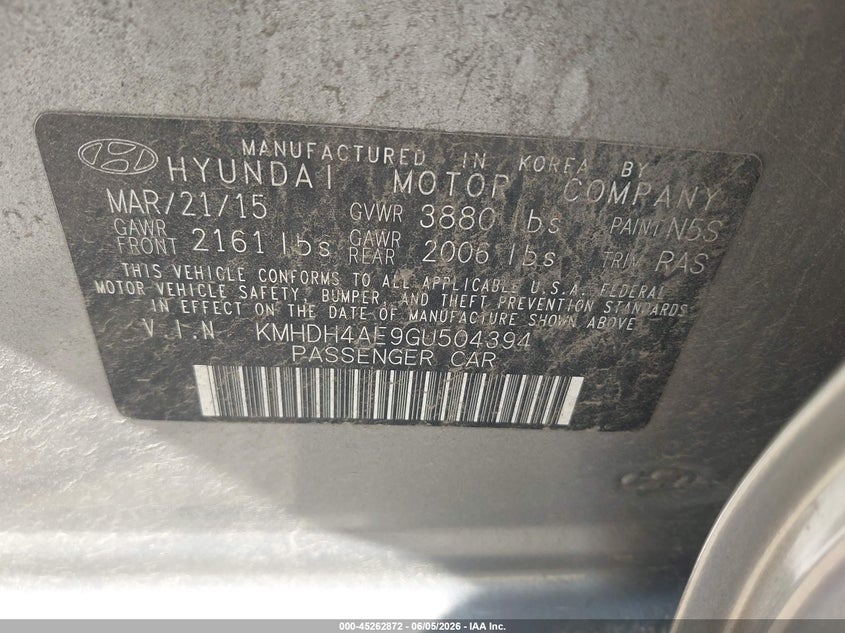 2016 Hyundai Elantra VIN KMHDH4AE9GU504394 IAAI salvage auction — THEFT, Salvage Title, sold $775 on 2026-07-22 (photo 9)