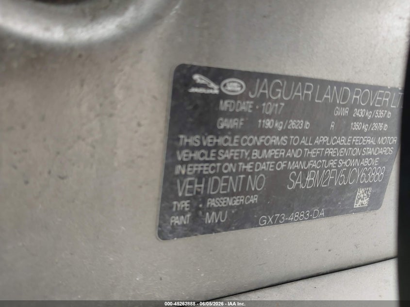 2018 Jaguar Xf VIN SAJBM2FV5JCY63888 IAAI salvage auction — FRONT END, Salvage Title, sold $4,450 on 2026-07-23 (photo 9)