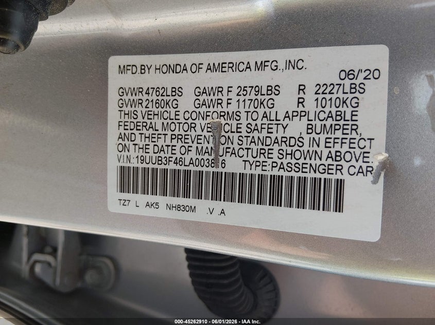 2020 Acura Tlx VIN 19UUB3F46LA003816 IAAI salvage auction — HAIL, Salvage Title, sold $2,900 on 2026-07-29 (photo 9)