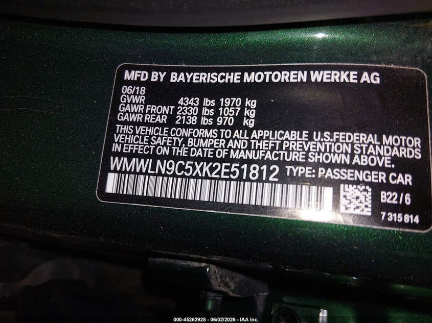 2019 Mini Clubman VIN WMWLN9C5XK2E51812 IAAI salvage auction — NORMAL WEAR, Original (Texas), sold $4,550 on 2026-07-13 (photo 9)