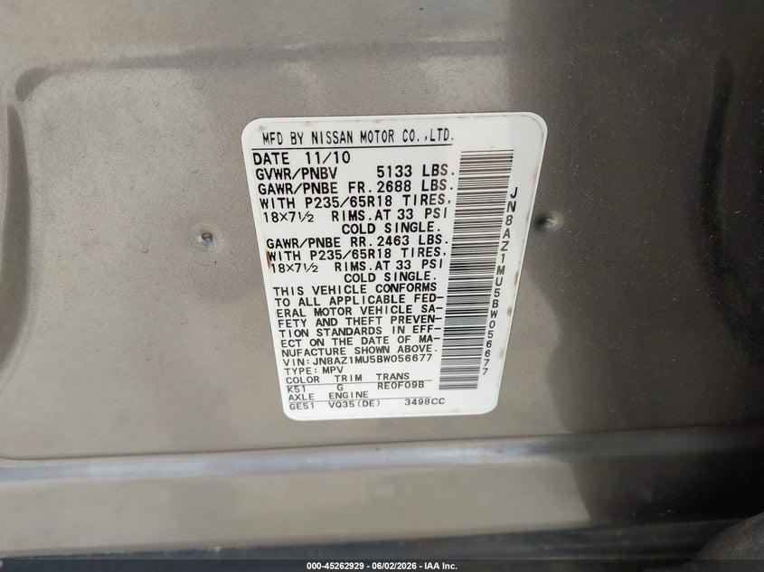 2011 Nissan Murano VIN JN8AZ1MU5BW056677 IAAI salvage auction — RIGHT FRONT, Salvage (Georgia), sold $1,150 on 2026-07-09 (photo 9)