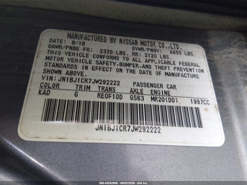 2018 Nissan Rogue VIN JN1BJ1CR7JW292222 IAAI salvage auction — FRONT END, Salvage Title, sold $550 on 2026-07-21 (photo 9)