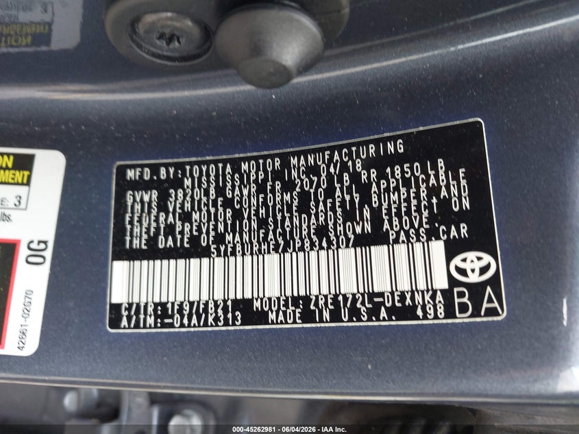 2018 Toyota Corolla VIN 5YFBURHE7JP834307 IAAI salvage auction — FRONT END, Salvage Title, sold $3,250 on 2026-07-13 (photo 9)