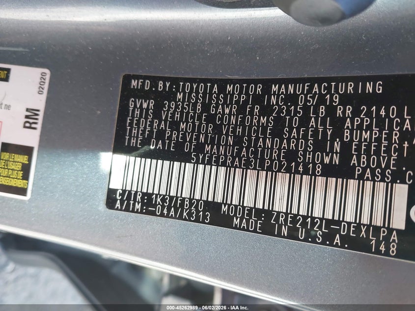 2020 Toyota Corolla VIN 5YFEPRAE3LP021418 IAAI salvage auction — FRONT END, Salvage Title, sold $3,625 on 2026-07-06 (photo 9)