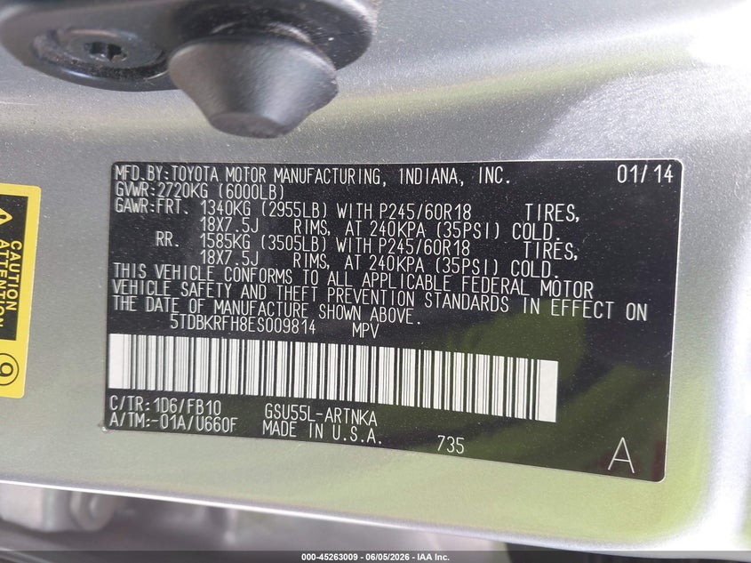 2014 Toyota Highlander VIN 5TDBKRFH8ES009814 IAAI salvage auction — FRONT END, Salvage Title, sold $3,950 on 2026-07-14 (photo 9)