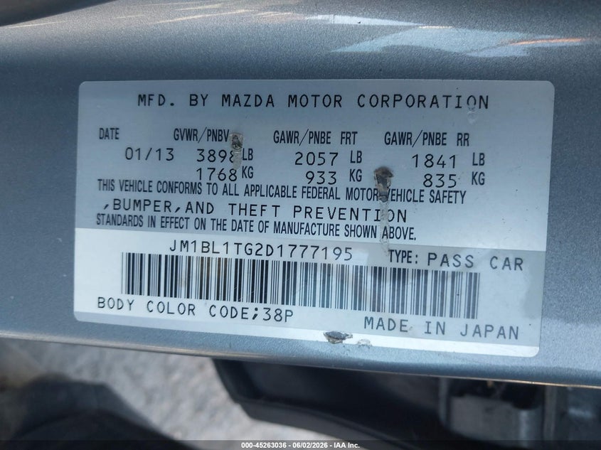 2013 Mazda 3 VIN JM1BL1TG2D1777195 IAAI salvage auction — REAR END, Salvage Title, sold $675 on 2026-07-09 (photo 9)