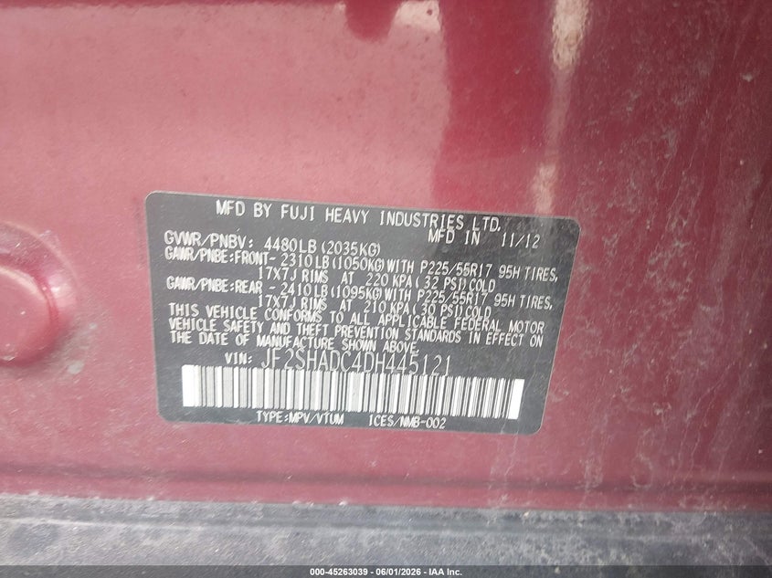 2013 Subaru Forester VIN JF2SHADC4DH445121 IAAI salvage auction — NORMAL WEAR, Original (Kentucky), sold $725 on 2026-07-20 (photo 9)