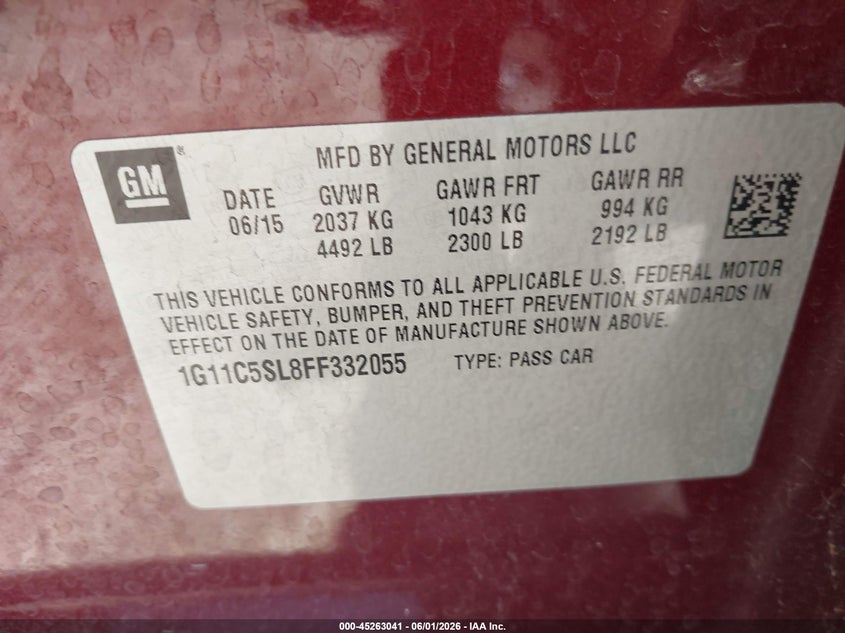 2015 Chevrolet Malibu VIN 1G11C5SL8FF332055 IAAI salvage auction — FRONT END, Salvage Title, sold $1,550 on 2026-07-10 (photo 9)