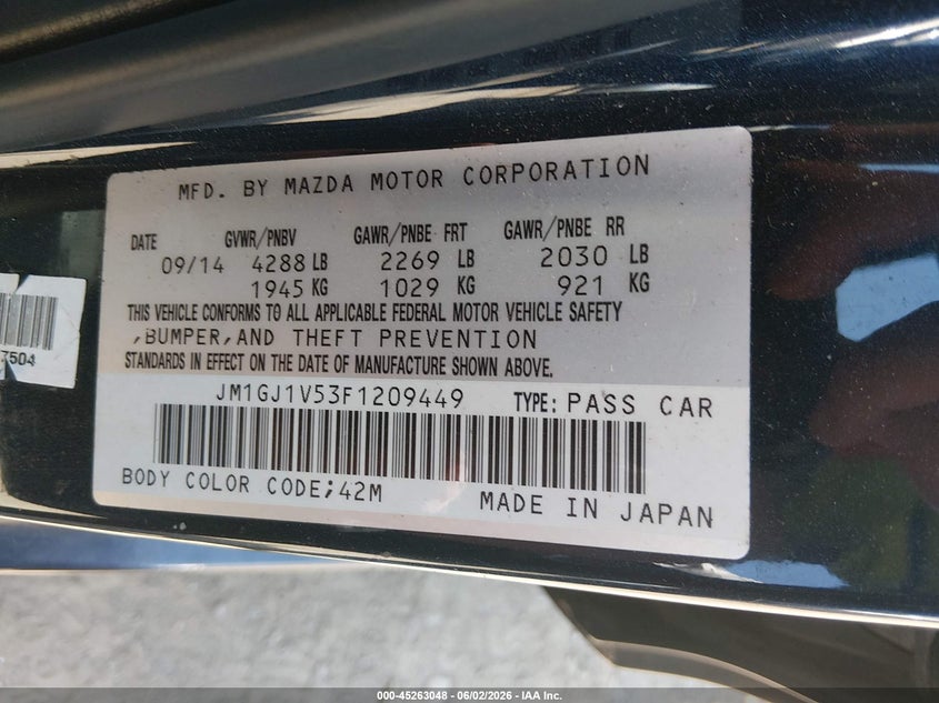 2015 Mazda 6 VIN JM1GJ1V53F1209449 IAAI salvage auction — LEFT FRONT, Salvage Title, sold $1,050 on 2026-07-15 (photo 9)