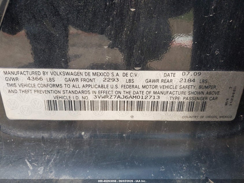 2010 Volkswagen Jetta VIN 3VWRZ7AJ6AM012713 IAAI salvage auction — SIDE, Salvage (Texas), sold $275 on 2026-07-10 (photo 9)