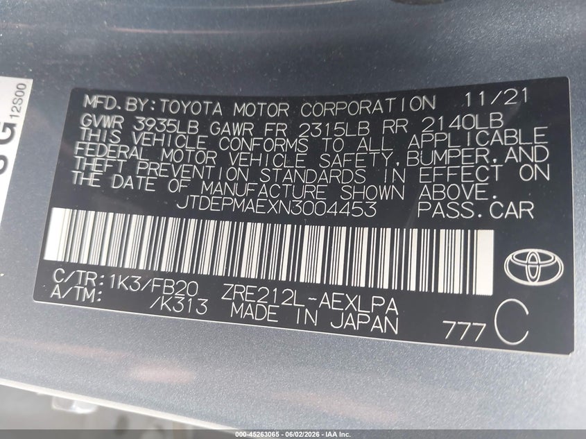 2022 Toyota Corolla VIN JTDEPMAEXN3004453 IAAI salvage auction — FRONT END, Salvage (Georgia), sold $5,200 on 2026-07-22 (photo 9)