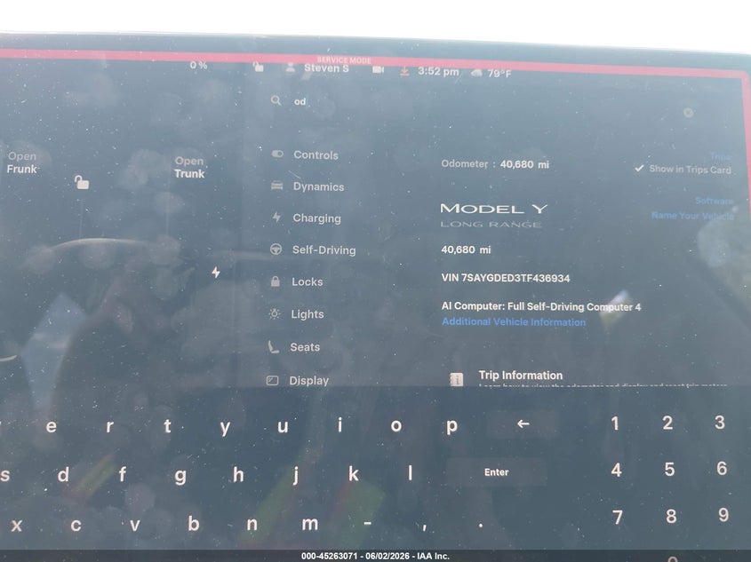 2026 Tesla Model y VIN 7SAYGDED3TF436934 IAAI salvage auction — FRONT END, Salvage Title, sold $15,400 on 2026-07-16 (photo 7)