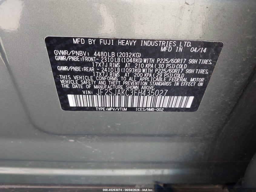 2015 Subaru Forester VIN JF2SJAKC3FH435027 IAAI salvage auction — FRONT END, Salvage Title, sold $1,050 on 2026-07-17 (photo 9)