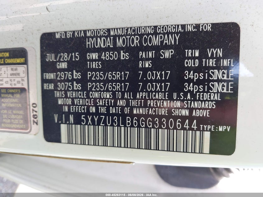 2016 Hyundai Santa fe VIN 5XYZU3LB6GG330644 IAAI salvage auction — THEFT, Salvage Title, sold $2,050 on 2026-07-13 (photo 9)