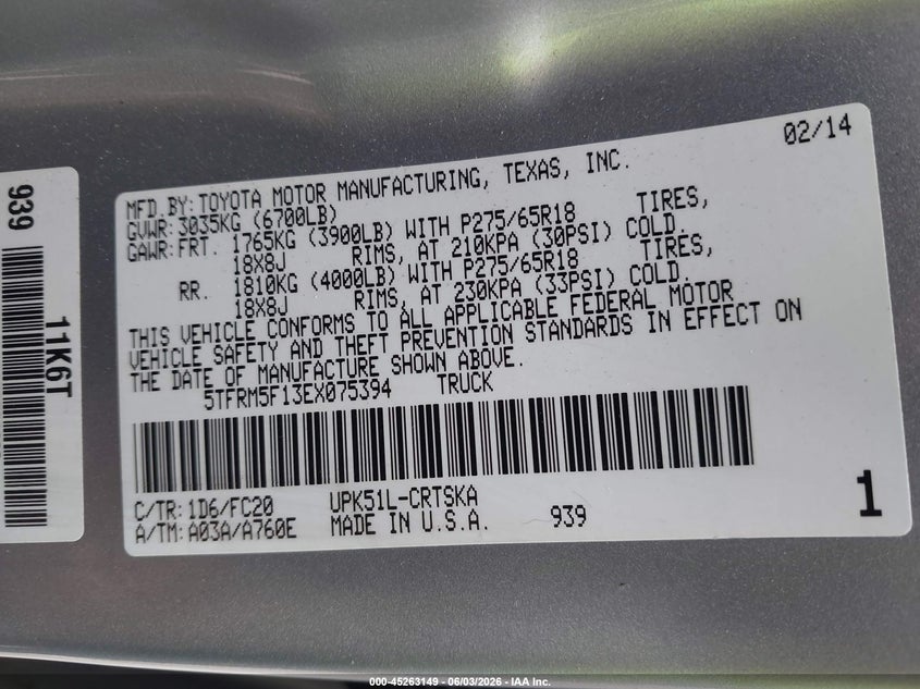 2014 Toyota Tundra VIN 5TFRM5F13EX075394 IAAI salvage auction — SIDE, Salvage Title, sold $6,125 on 2026-07-22 (photo 9)