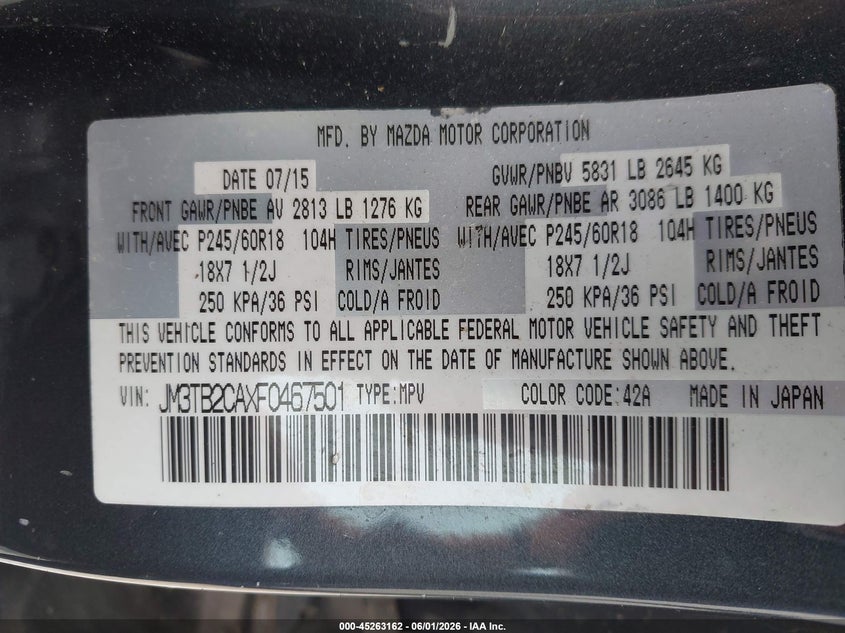 2015 Mazda Cx-9 VIN JM3TB2CAXF0467501 IAAI salvage auction — RIGHT SIDE, Clear (Florida), sold $375 on 2026-07-16 (photo 9)