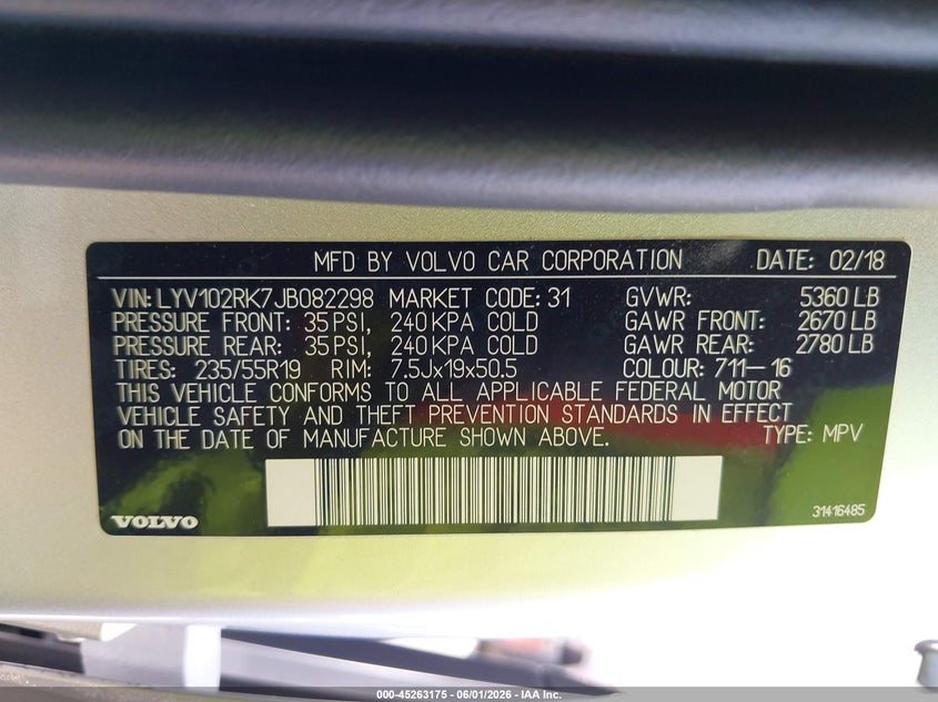 2018 Volvo Xc60 VIN LYV102RK7JB082298 IAAI salvage auction — REAR END, Original (Texas), sold $8,550 on 2026-07-15 (photo 9)