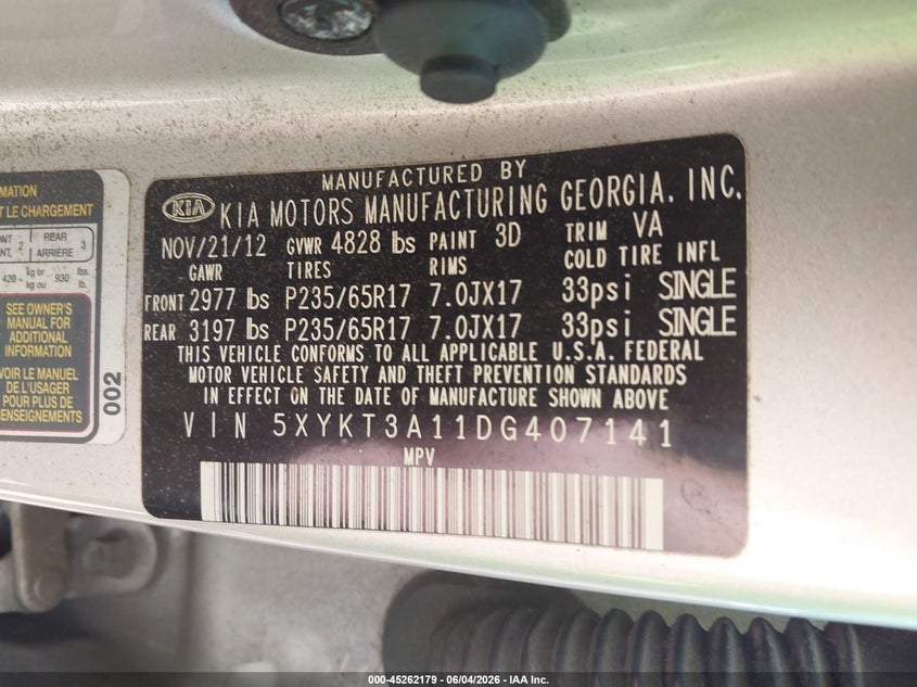 2013 Kia Sorento VIN 5XYKT3A11DG407141 IAAI salvage auction — SIDE, Salvage Title, sold $25 on 2026-07-21 (photo 9)