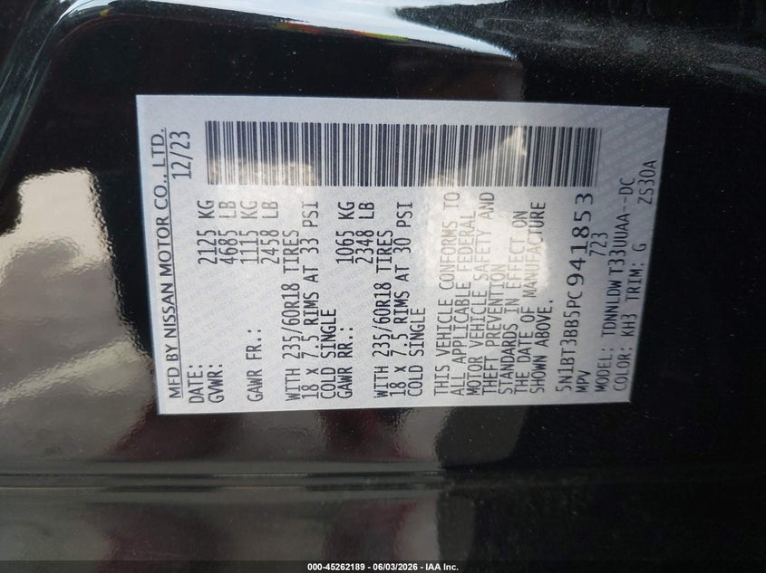 2023 Nissan Rogue VIN 5N1BT3BB5PC941853 IAAI salvage auction — HAIL, Salvage Title, sold $9,150 on 2026-07-29 (photo 9)