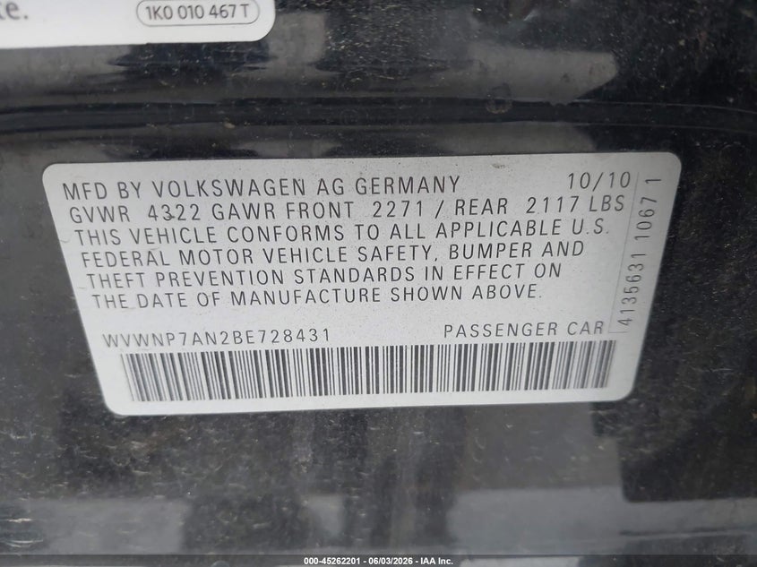 2011 Volkswagen Cc VIN WVWNP7AN2BE728431 IAAI salvage auction — LEFT SIDE, Salvage (Oregon), sold $300 on 2026-07-30 (photo 9)