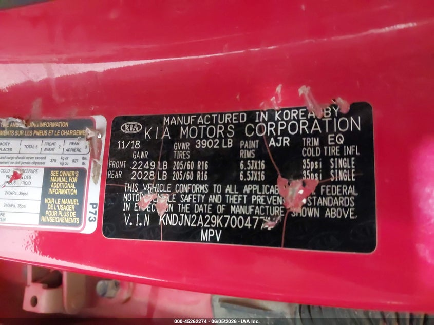 2019 Kia Soul VIN KNDJN2A29K7004771 IAAI salvage auction — NORMAL WEAR, Salvage Title, sold $1,575 on 2026-07-13 (photo 9)
