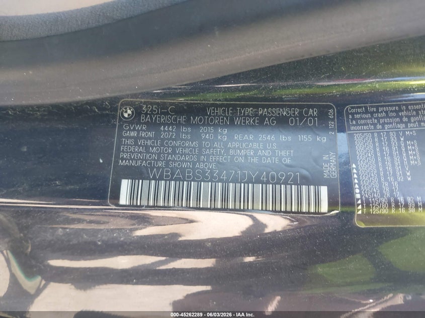 2001 BMW 3 series VIN WBABS33471JY40921 IAAI salvage auction — REAR END, Clear (Massachusetts), sold $425 on 2026-07-10 (photo 9)