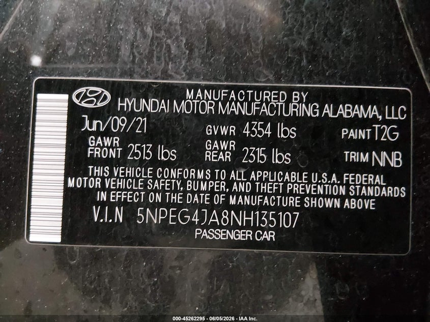 2022 Hyundai Sonata VIN 5NPEG4JA8NH135107 IAAI salvage auction — HAIL, Salvage Title, sold $6,525 on 2026-07-21 (photo 9)