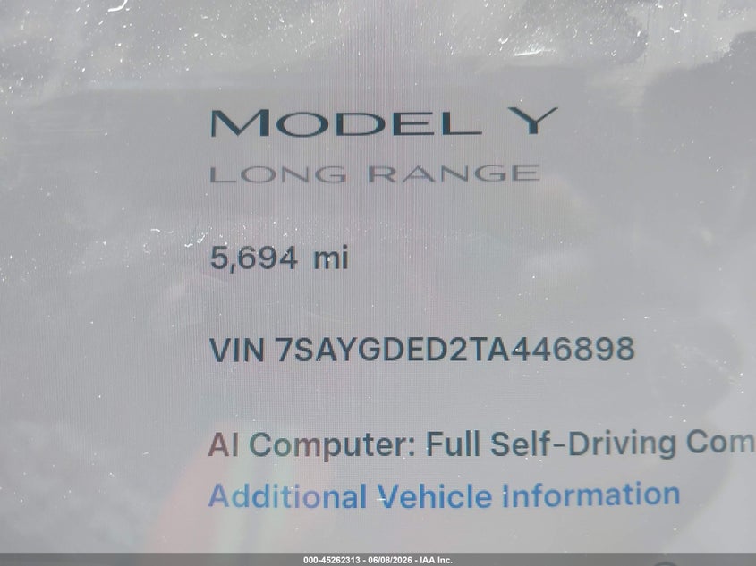 2026 Tesla Model y VIN 7SAYGDED2TA446898 IAAI salvage auction — LEFT FRONT, Salvage Title, sold $17,200 on 2026-07-15 (photo 7)