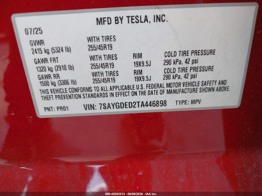 2026 Tesla Model y VIN 7SAYGDED2TA446898 IAAI salvage auction — LEFT FRONT, Salvage Title, sold $17,200 on 2026-07-15 (photo 9)
