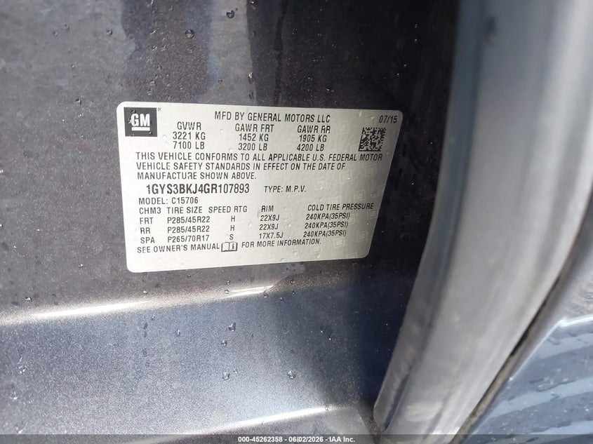 2016 Cadillac Escalade VIN 1GYS3BKJ4GR107893 IAAI salvage auction — ALL OVER, Salvage Title, sold $1,350 on 2026-07-27 (photo 9)