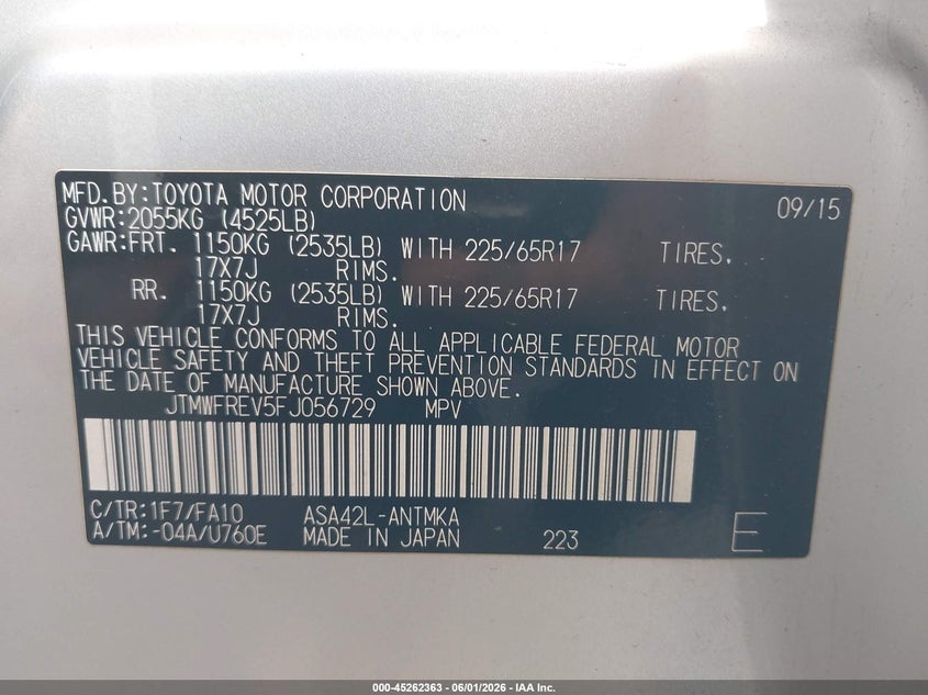 2015 Toyota Rav 4 VIN JTMWFREV5FJ056729 IAAI salvage auction — REAR END, Salvage Title, sold $2,850 on 2026-07-22 (photo 9)