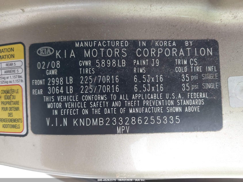 2008 Kia SEDONA VIN KNDMB233286255335 IAAI salvage auction — FRONT & REAR, Salvage (North Carolina), sold $500 on 2026-07-20 (photo 9)